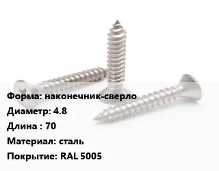 Саморез наконечник-сверло D=4.8 L=70 сталь RAL 5005